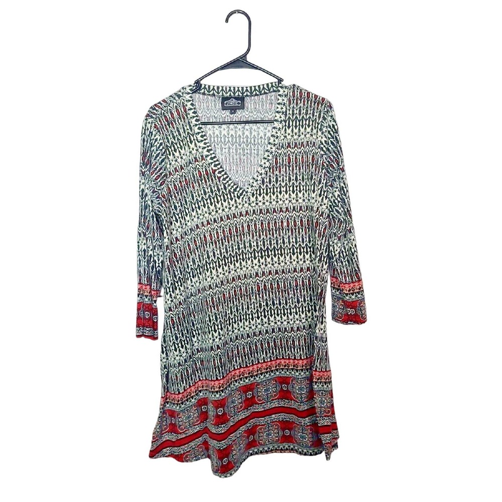 Angie Gray Geometric Print V-Neck Long Sleeve Casual Dress Womans‎ Size Medium